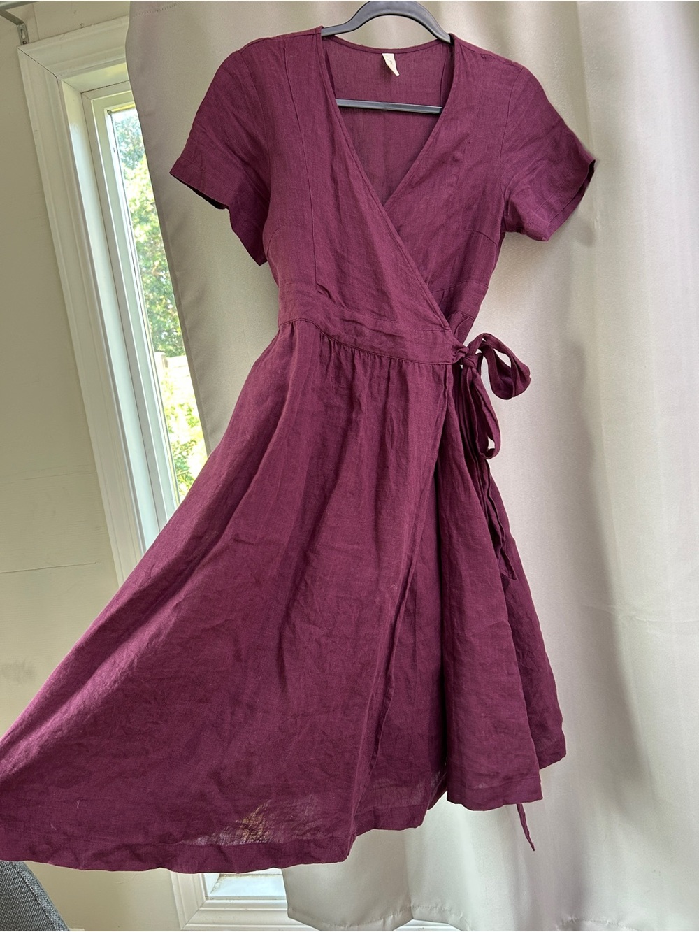 notPERFECTLINEN Plum Wrap Midi Dress with Tie Waist purple pockets